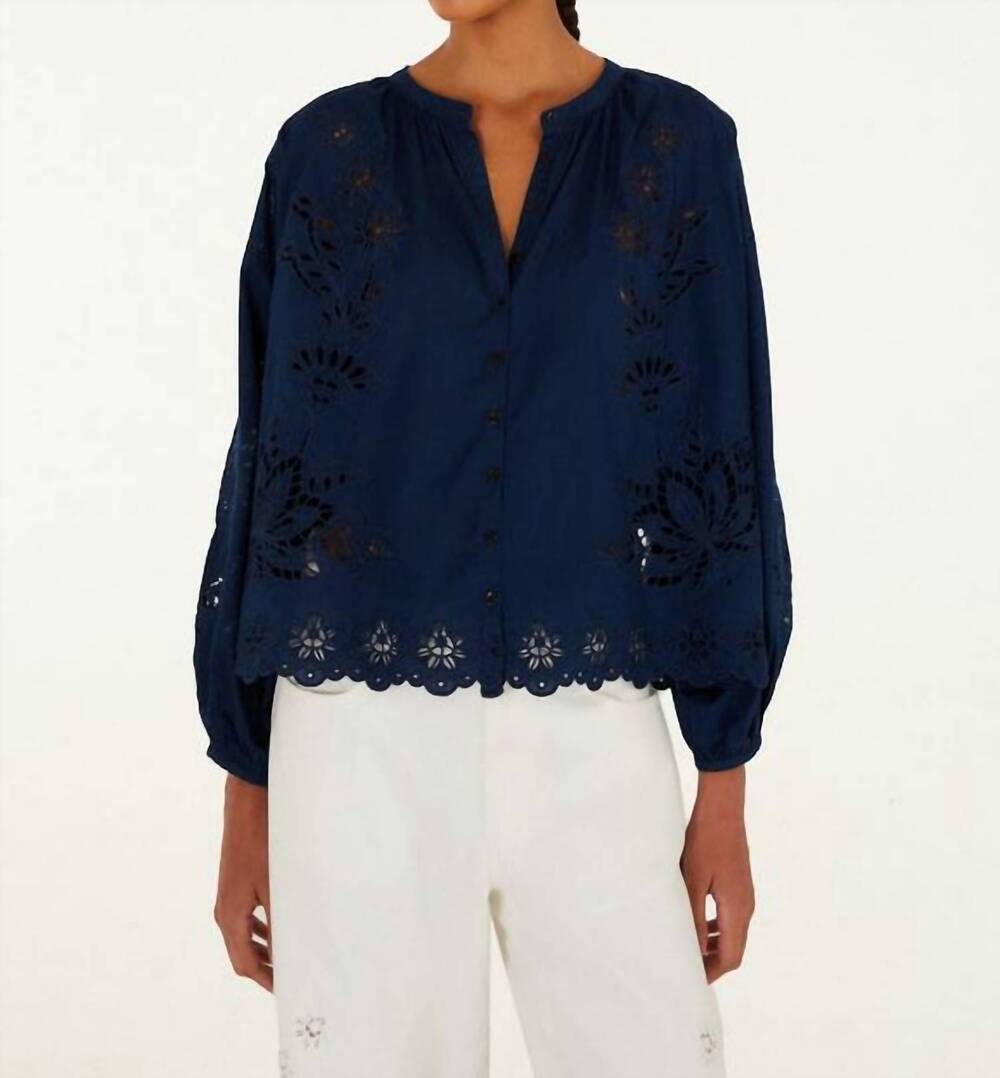 NEW FARM RIO artisanal long sleeve blouse in navy